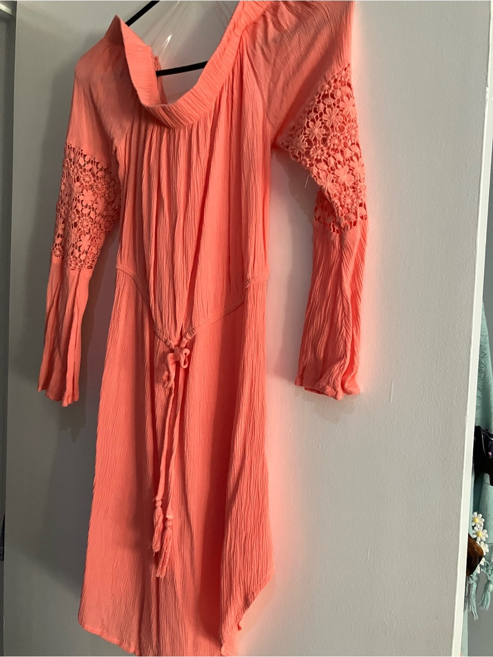 RVN Coral Boho Tie-Waist Crochet Sleeve Dress
